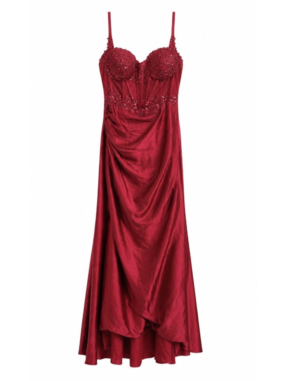 Red Maxi Gown With Lace-Up Corset Beaded Detailing Adjustable Straps And Zipper